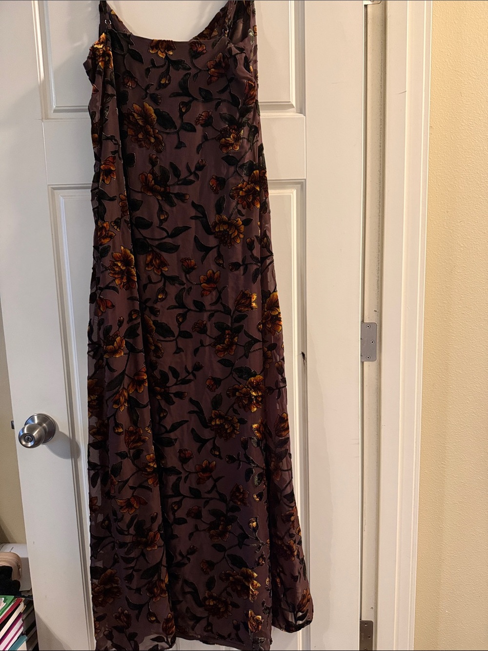 Lulu's Strapless Brown Velvet Floral Maxi Dress with Rust Blooms - Picture 7 of 7